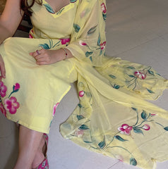 KAVERI YELLOW  COLOURED WOMEN'S VISCOSE FRENCH CREPE KURTA SET