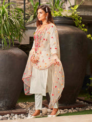 WHITE  COLOURED  WOMEN'S VISCOSE CHANDERI  EMBROIDERED   KURTA  WITH PANT DUPATTA  SET