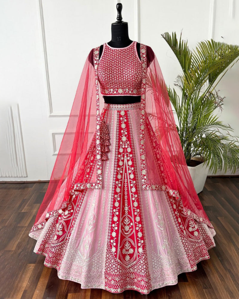 Red -Pink Sequins Embroidery Wedding Lehenga Choli