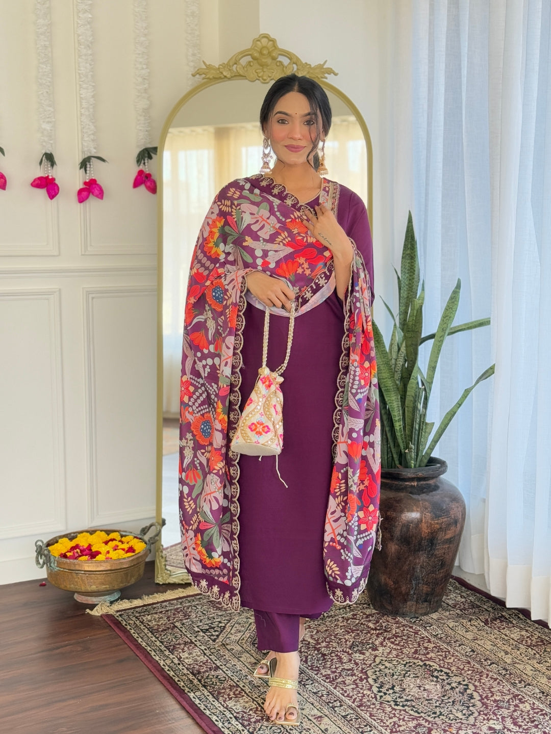 NARI Women's  Chanderi Viscose Embroidered Straight Kurta with Chanderi Viscose Pant And Silk Printed Dupatta Sets