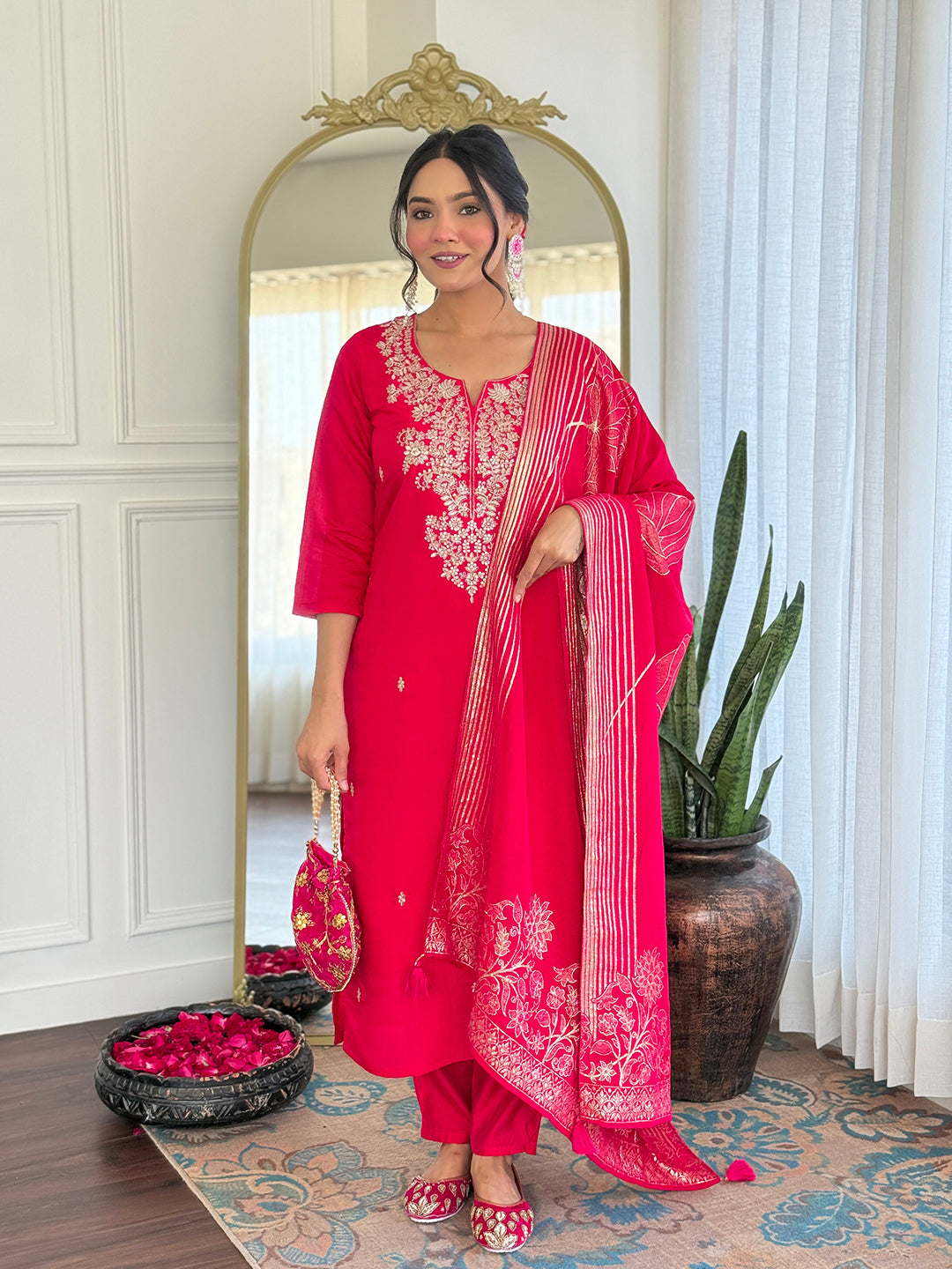 PINK COLOURED  WOMEN'S ROMAN SILK EMBROIDERED STRAIGHT   KURTA  WITH PANT DUPATTA  SET