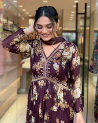 MAROON COLOURED  WOMEN'S GEORGETTE  KURTA WITH PANT DUPATTA  SET