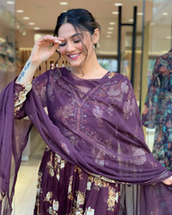 MAROON COLOURED  WOMEN'S GEORGETTE  KURTA WITH PANT DUPATTA  SET