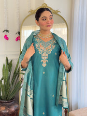 BLUE  GREEN WOMEN;S VISCOSE CHANDERI KURTA SET