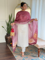 MANVI WHITE WOMEN'S ROMAN SILK EMBROIDERED STRAIGHT KURTA WITH PANT DUPATTA SETS
