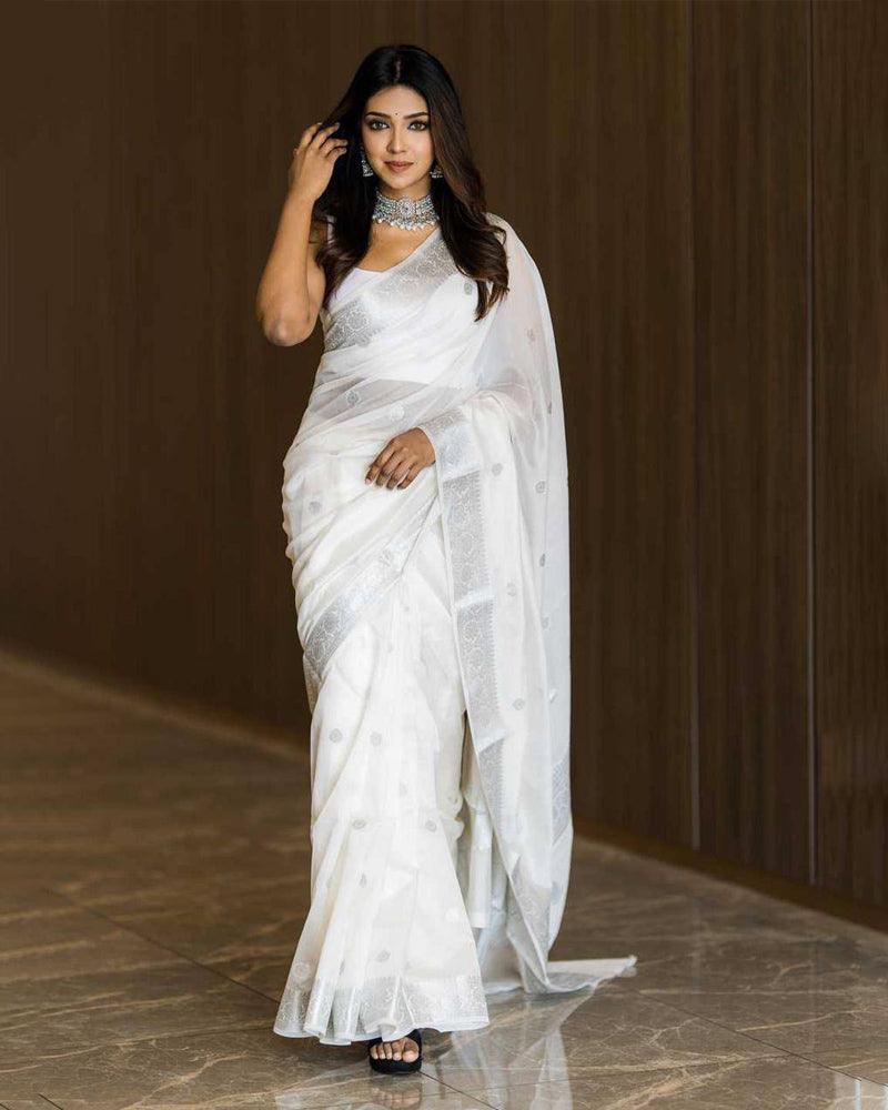 Milky white soft Linen cotton woven saree