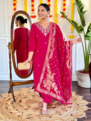 PINK COLOURED  WOMEN'S VISCOSE CHANDERI EMBROIDERED STRAIGHT KURTA WITH PANT DUPATTA SET
