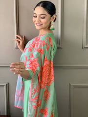 PISTA COLOURED  WOMEN'S  CHANDERI  WITH COTTON LINNING  EMBROIDERED STRAIGHT KURTA WITH PANT DUPATTA SET