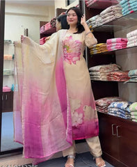 NAOMIKA WHITE WOMEN'S  TEBY SILK KURTA SET