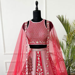Red -Pink Sequins Embroidery Wedding Lehenga Choli