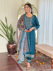TEAL  COLOURED  WOMEN'S CHANDERI SILK   EMBROIDERED   KURTA  WITH PANT DUPATTA  SET