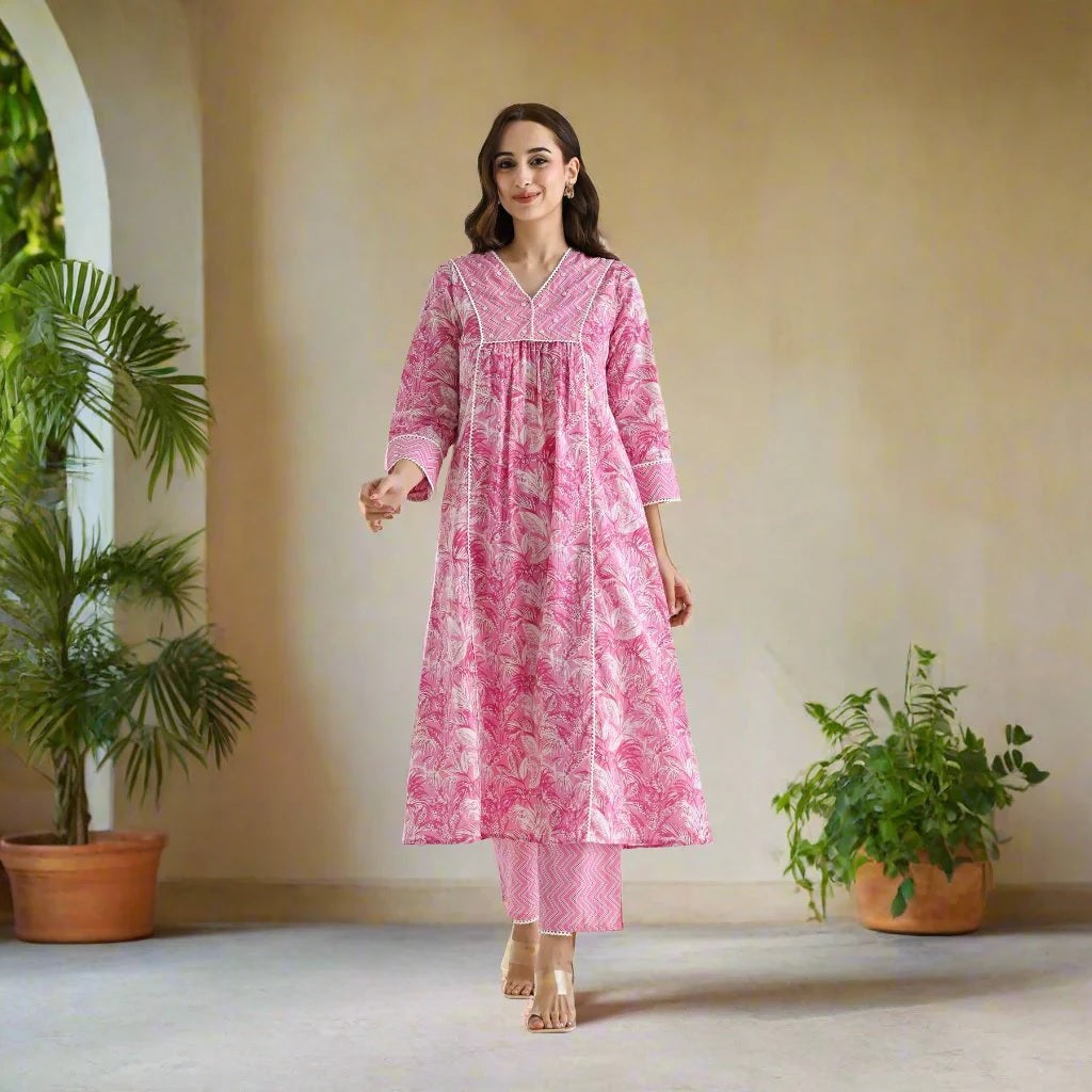 MOTI PINK COLOURED  WOMEN'S  RAYON SLUB  LACE WORK   KURTA WITH PANT SET