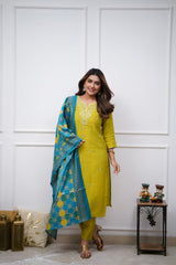 ALICE YELLOW  COLOURED  WOMEN'S VISCOSE CHANDERI KURTA WITH PANT DUPATTA  SET