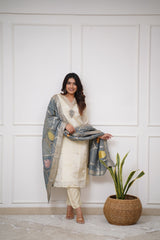 OFF WHITE  COLOURED  WOMEN'S VISCOSE CHANDERI KURTA WITH PANT DUPATTA  SET