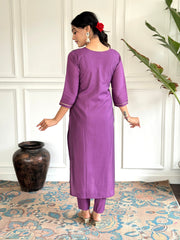 PURPLE COLOURED  WOMEN'S VISCOSE CHANDERI  EMBROIDERED  KURTA WITH PANT DUPATTA SET