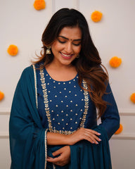 PRAGATI BLUE COLOURED  WOMEN'S RAYON SLUB  EMBROIDERED  KURTA WITH PANT DUPATTA SET