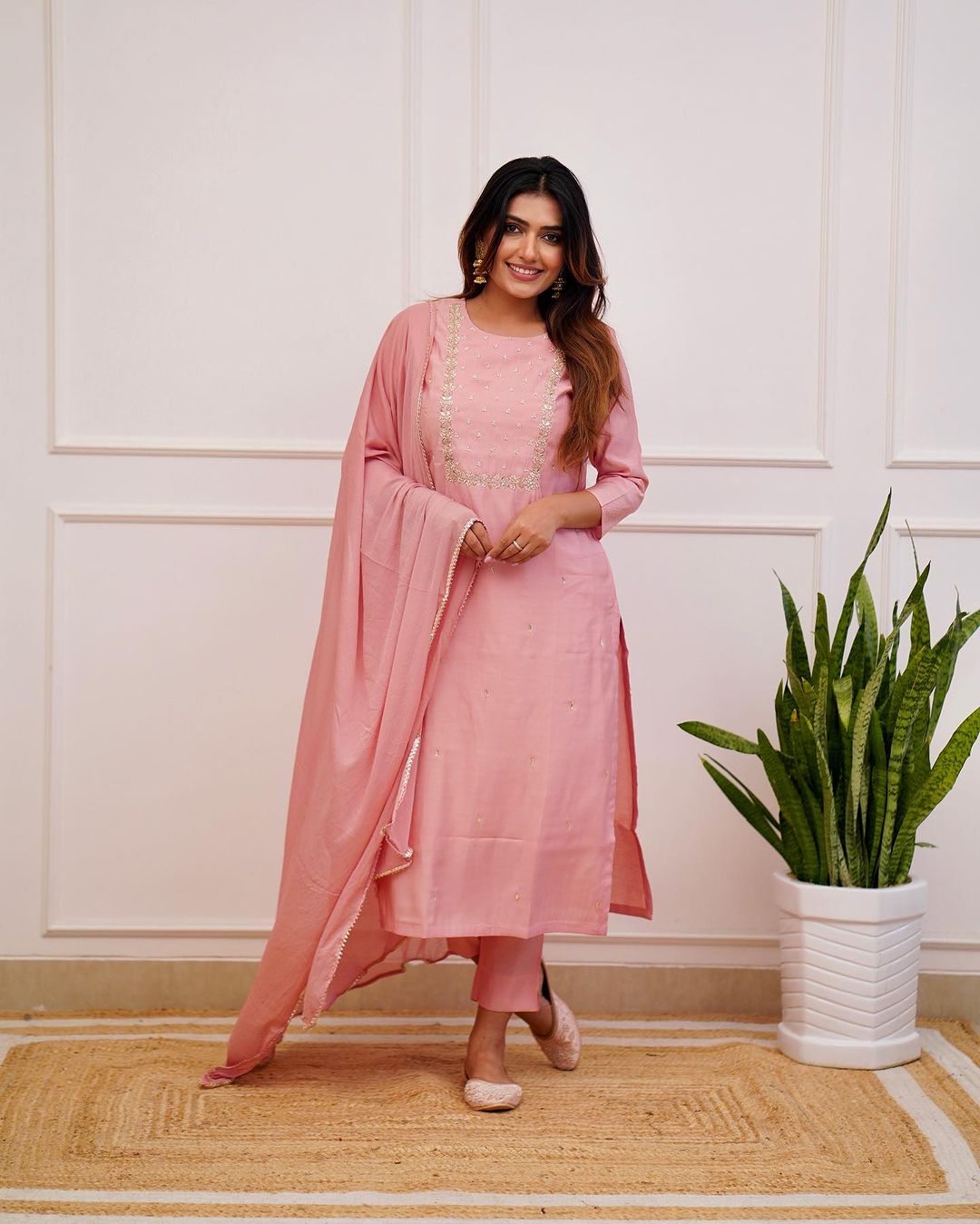 PRAGATI PINK  COLOURED  WOMEN'S RAYON SLUB  EMBROIDERED  KURTA WITH PANT DUPATTA SET