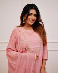 PRAGATI PINK  COLOURED  WOMEN'S RAYON SLUB  EMBROIDERED  KURTA WITH PANT DUPATTA SET