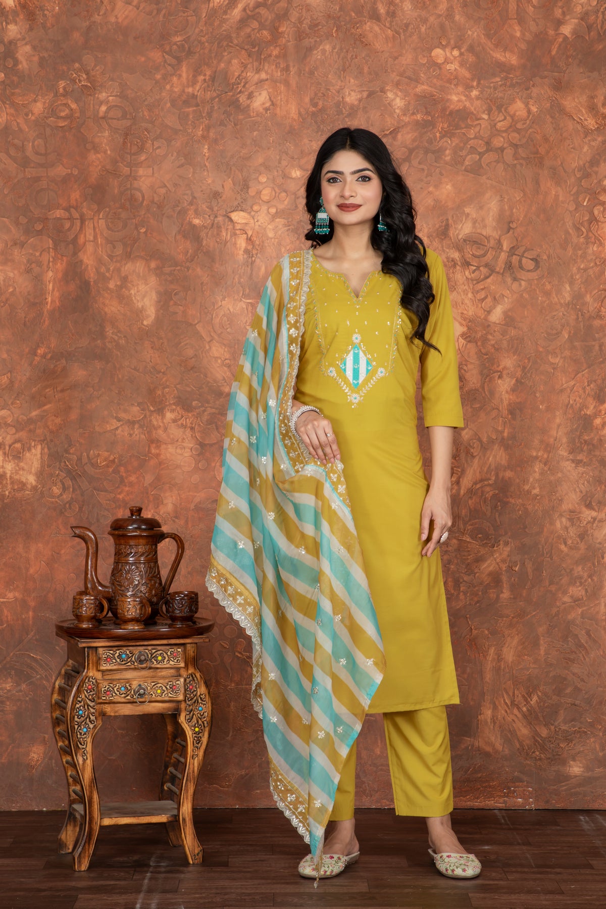 YELLOW COLOURED  WOMEN'S ROMAN SILK EMBROIDERED  KURTA WITH PANT DUPATTA  SET SET