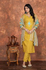 YELLOW COLOURED  WOMEN'S ROMAN SILK EMBROIDERED  KURTA WITH PANT DUPATTA  SET SET