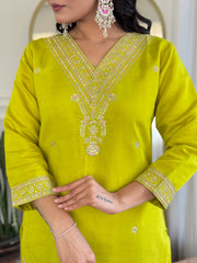 YELLOW GREEN COLOURED  WOMEN'S  VISCOSE CHANDERI  EMBROIDERED  KURTA WITH PANT DUPATTA SET