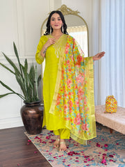 YELLOW GREEN COLOURED  WOMEN'S  VISCOSE CHANDERI  EMBROIDERED  KURTA WITH PANT DUPATTA SET