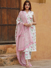 DAMINI  PINK  COLOURED  WOMEN'S  COTTON SLUB  KURTA WITH PANT DUPATTA  SET