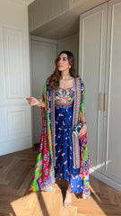 Embelished Indica Dhoti Skirt Paired With Embriodered Bralette & Cape