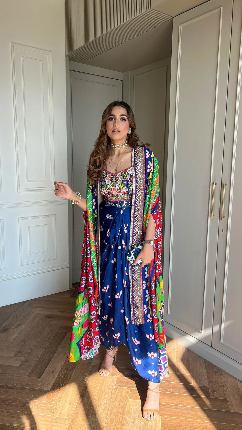 Embelished Indica Dhoti Skirt Paired With Embriodered Bralette & Cape