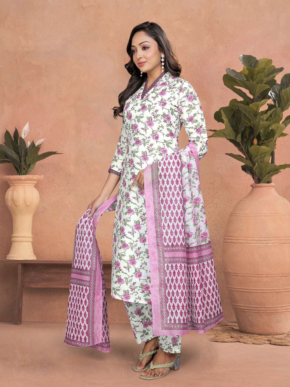 PINK COLOURED  WOMEN'S COTTON SLUB  KURTA WITH PANT DUPATTA  SET