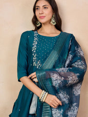 TEAL COLOURED  WOMEN'S  VISCOSE CHANDERI  EMBROIDERED  KURTA WITH PANT DUPATTA SET