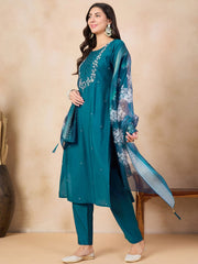 TEAL COLOURED  WOMEN'S  VISCOSE CHANDERI  EMBROIDERED  KURTA WITH PANT DUPATTA SET
