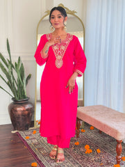REVA PINK COLOURED  WOMEN'S VISCOSE BLEND REYON  EMBROIDERED  KURTA WITH PANT DUPATTA SET
