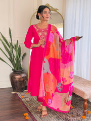 REVA PINK COLOURED  WOMEN'S VISCOSE BLEND REYON  EMBROIDERED  KURTA WITH PANT DUPATTA SET