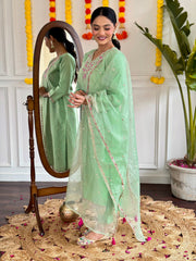 PISTA GREEN COLOURED  WOMEN'S VISCOSE CHANDERI EMBROIDERED  KURTA WITH PANT DUPATTA SET