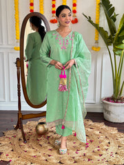 PISTA GREEN COLOURED  WOMEN'S VISCOSE CHANDERI EMBROIDERED  KURTA WITH PANT DUPATTA SET
