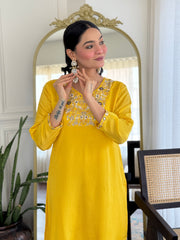 RADHA YELLOW COLOURED  WOMEN'S VISCOSE CHINNON  KURTA WITH PANT DUPATTA  SET