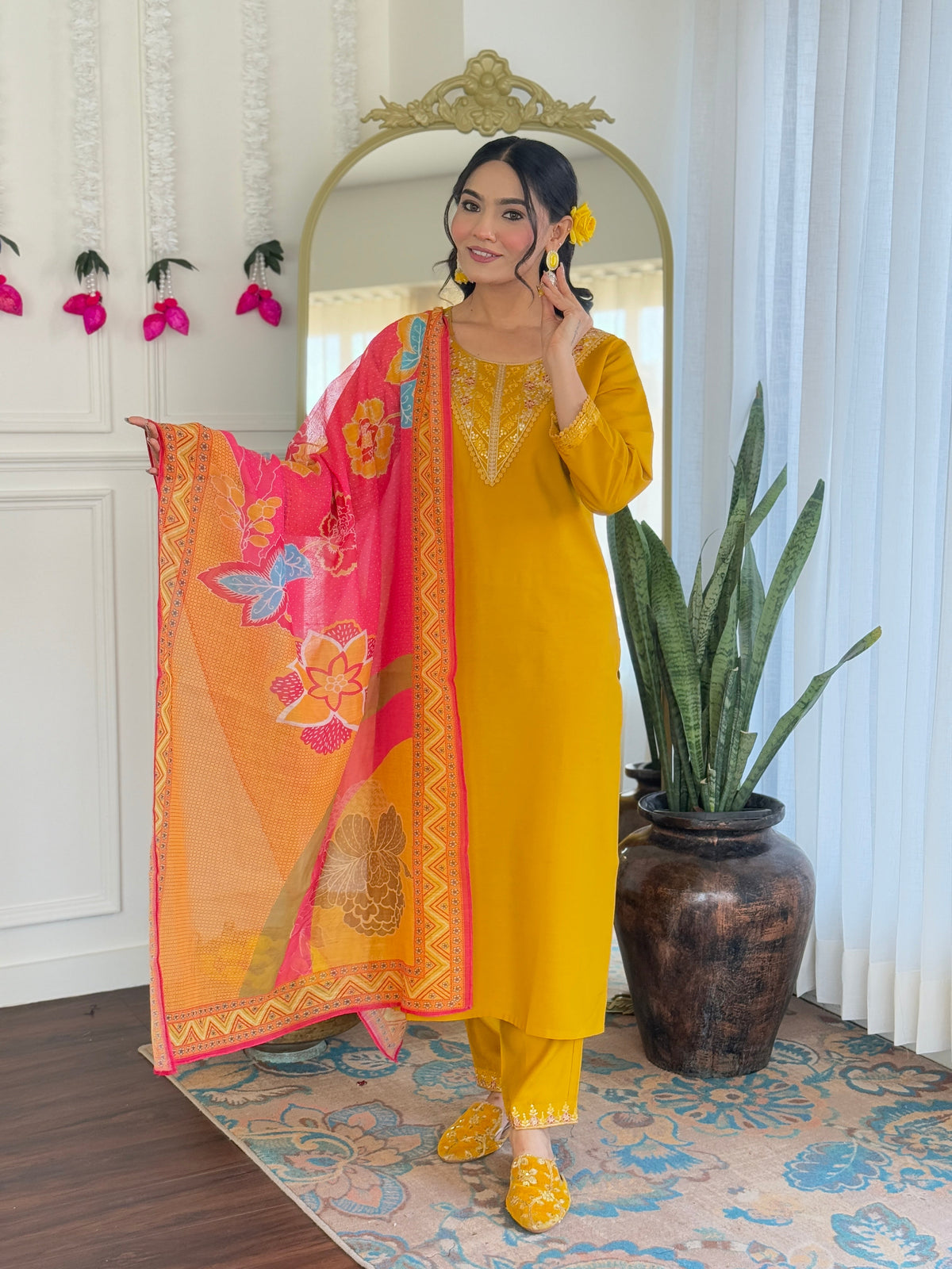 YELLOW COLOURED  WOMEN'S CHANDERI SILK   KURTA  WITH PANT DUPATTA  SET