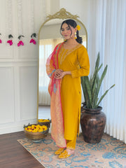 YELLOW COLOURED  WOMEN'S CHANDERI SILK   KURTA  WITH PANT DUPATTA  SET