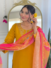 YELLOW COLOURED  WOMEN'S CHANDERI SILK   KURTA  WITH PANT DUPATTA  SET