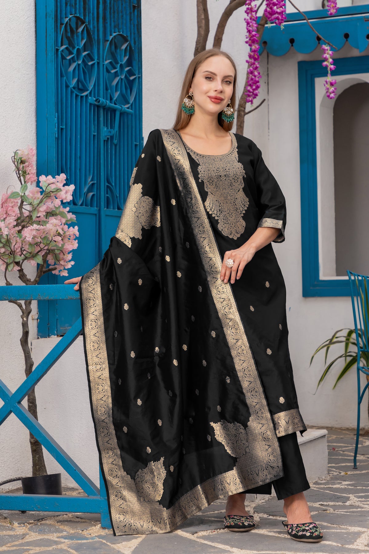 Black Jacquard Silk Kurta Set with Heavy Silk Bottom & Dupatta | Readymade Indian Suit | Size S–XXL | Elegant Party Wear for Women in Malaysia