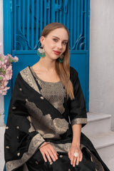 Black Jacquard Silk Kurta Set with Heavy Silk Bottom & Dupatta | Readymade Indian Suit | Size S–XXL | Elegant Party Wear for Women in Malaysia