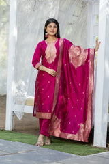 Sandhya Cherry Soft Silk Kurta Set with Polyester Bottom & Jacquard Dupatta | Stylish Festive & Party Wear – Malaysia