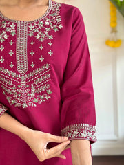 RED COLOURED  WOMEN'S VISCOSE CHANDERI EMBROIDERED  KURTA WITH PANT DUPATTA SET