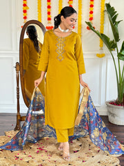 YELLOW  COLOURED  WOMEN'S VISCOSE CHANDERI  EMBROIDERED  KURTA WITH PANT DUPATTA SET