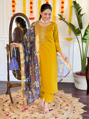 YELLOW  COLOURED  WOMEN'S VISCOSE CHANDERI  EMBROIDERED  KURTA WITH PANT DUPATTA SET