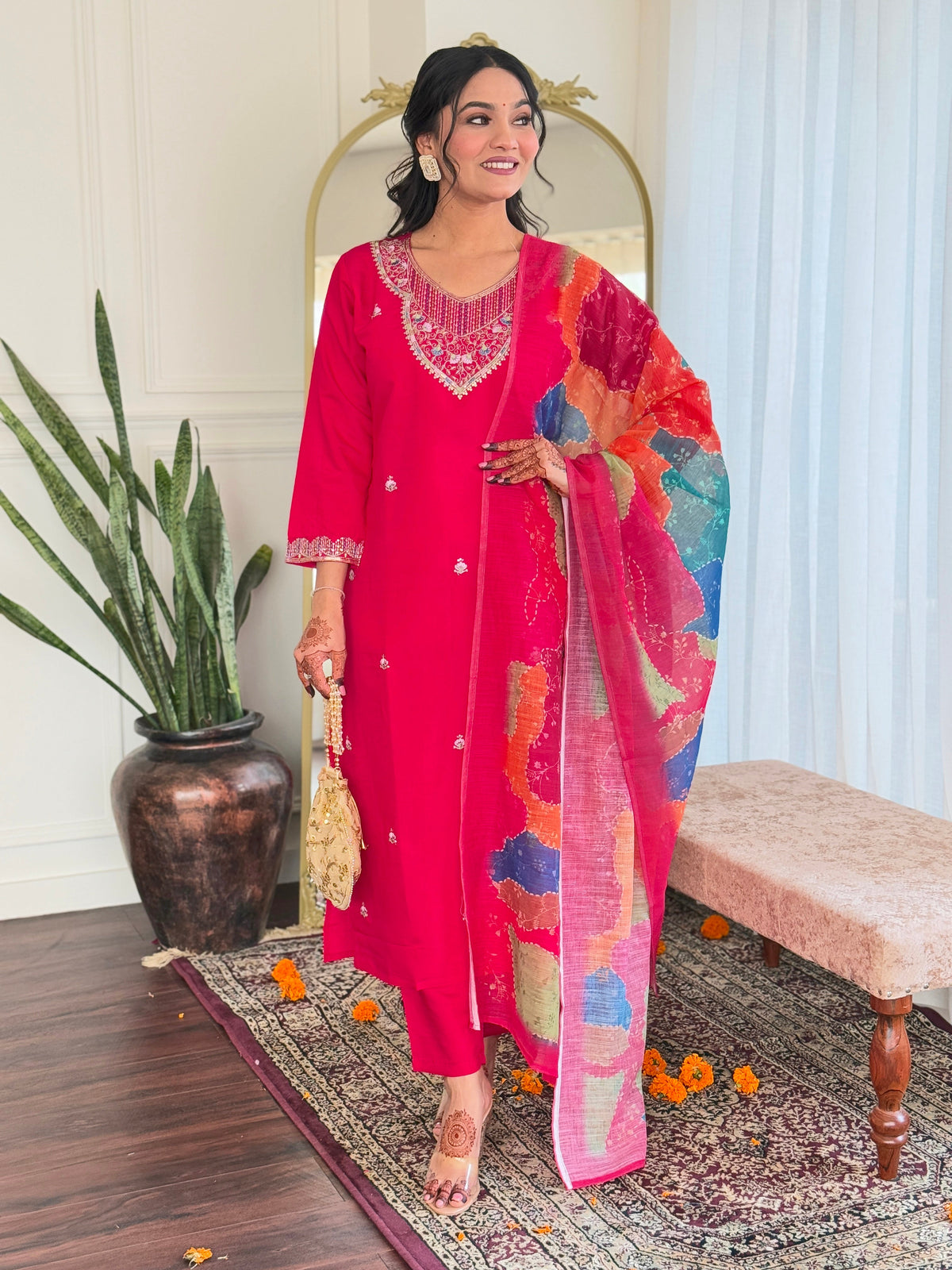 SIYA PINK COLOURED  WOMEN'S VISCOSE CHANDERI  EMBROIDERED  KURTA WITH PANT DUPATTA SET