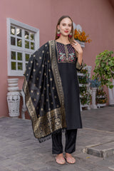 Mayara Black Beauty Rayon Slub Suit with Jacquard Dupatta