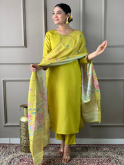 SOFIA YELLOW COLOURED  WOMEN'S VISCOSE CHANDERI EMBROIDERED  KURTA WITH PANT DUPATTA SET