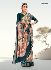 Digital Print Woven Jari border Moss Chiffon saree with blouse for women
